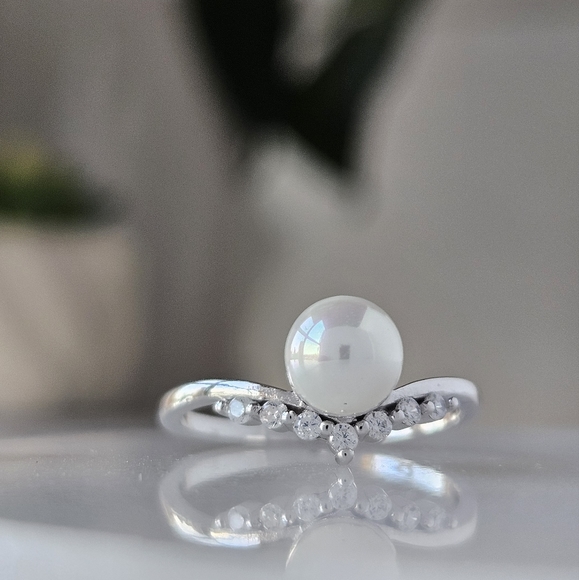 Dainty Pearl Wishbone Ring, 925 Sterling Silver Charmed Aroma - Picture 4 of 8